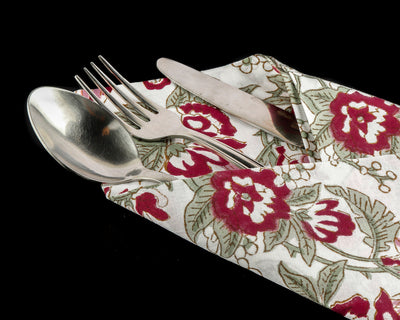 Thulian Pink, Cherry Red, Moss Green Indian Hand Block Floral Printed Cotton Cloth Napkins, 18x18"- Cocktail Napkins, 20x20"- Dinner Napkins