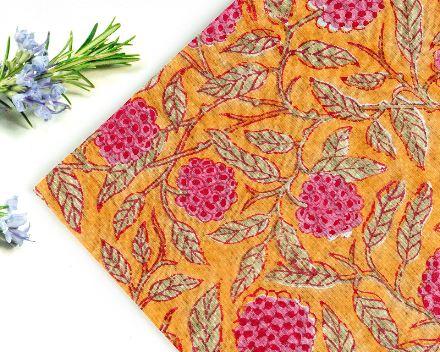 Fabricrush Amber Yellow, Rose Pink, Laurel Green Indian Hand Block Floral Printed Cotton Cloth Napkins Wedding Event Party, 18x18"-Cocktail 20x20"-Dinner