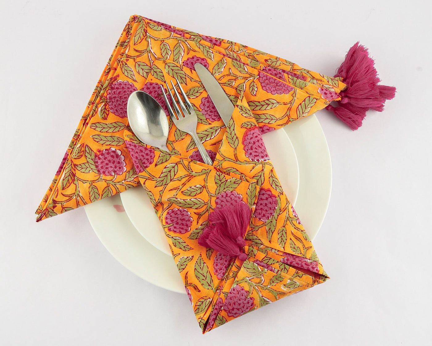 Fabricrush Amber Yellow, Rose Pink, Laurel Green Indian Hand Block Floral Printed Cotton Cloth Napkins Wedding Event Party, 18x18"-Cocktail 20x20"-Dinner