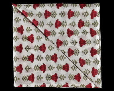 Apple and Cherry Red, Olive Green Indian Floral Hand Block Printed Pure Cotton Cloth Napkins, 18x18"- Cocktail Napkin, 20x20"- Dinner Napkin