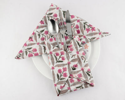 Watermelon Pink, Artichoke and Seaweed Green Indian Hand Block Printed Cotton Cloth Napkins, 18x18"- Cocktail Napkins, 20x20"- Dinner Napkins
