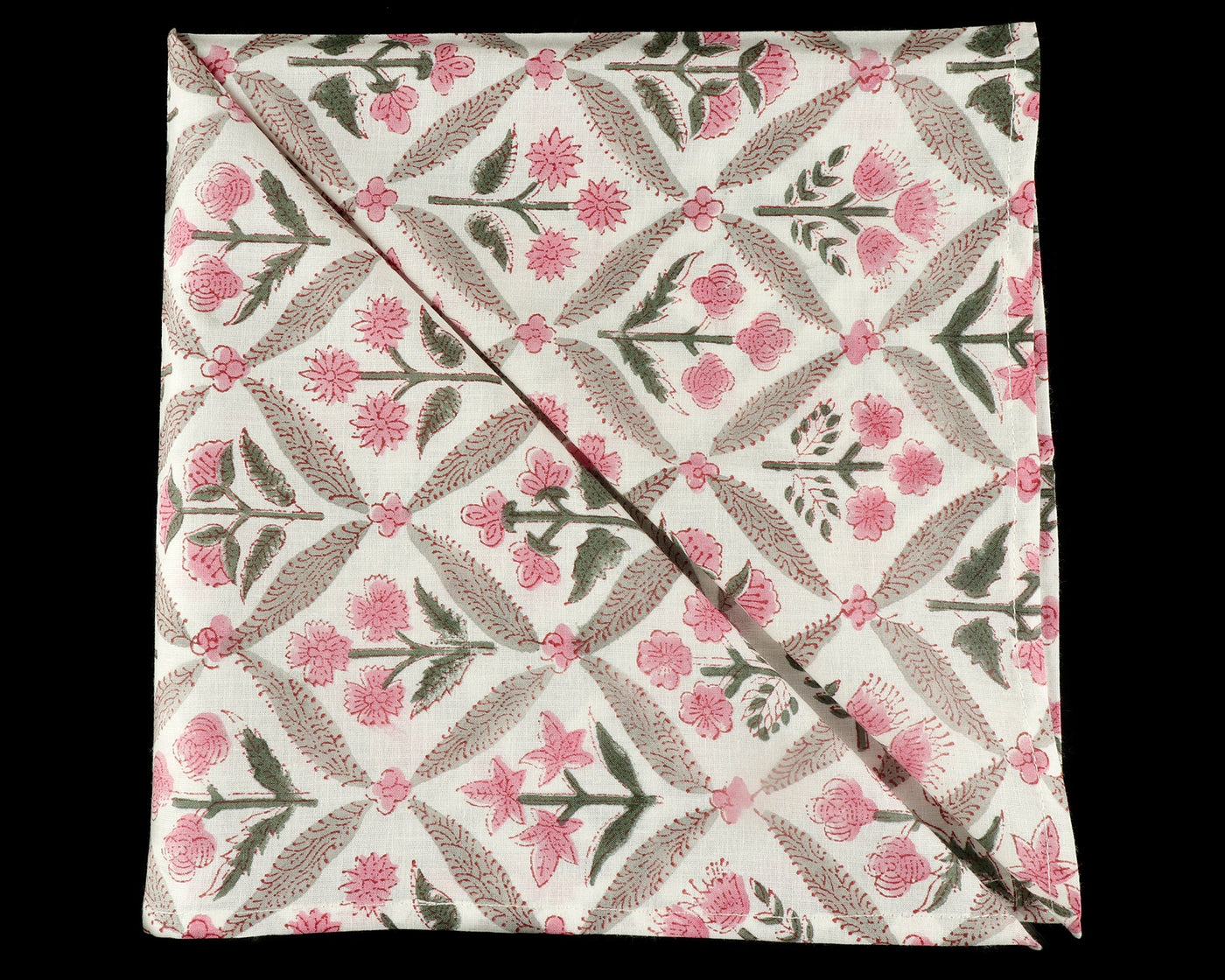 Fabricrush Watermelon Pink, Artichoke and Seaweed Green Indian Hand Block Printed Cotton Cloth Napkins, 18x18"- Cocktail Napkins, 20x20"- Dinner Napkins