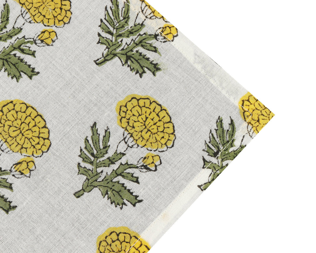 Fabricrush Bumblebee Yellow, Green Marigold Flower Indian Hand Block Print 100% Pure Cotton Cloth Napkins, 18x18"Cocktail Napkin, 20x20" Dinner Napkins