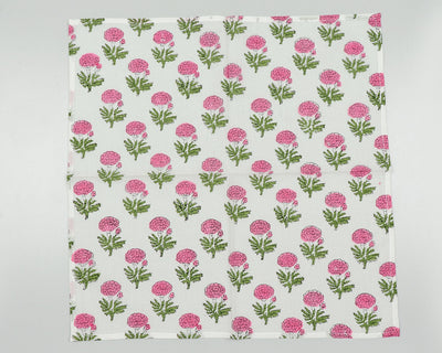 Fabricrush Thulian Pink, Fern Green Marigold Flower Indian Hand Block Printed Pure Cotton Cloth Napkins, 18x18"Cocktail Napkin, 20x20" Dinner Napkins