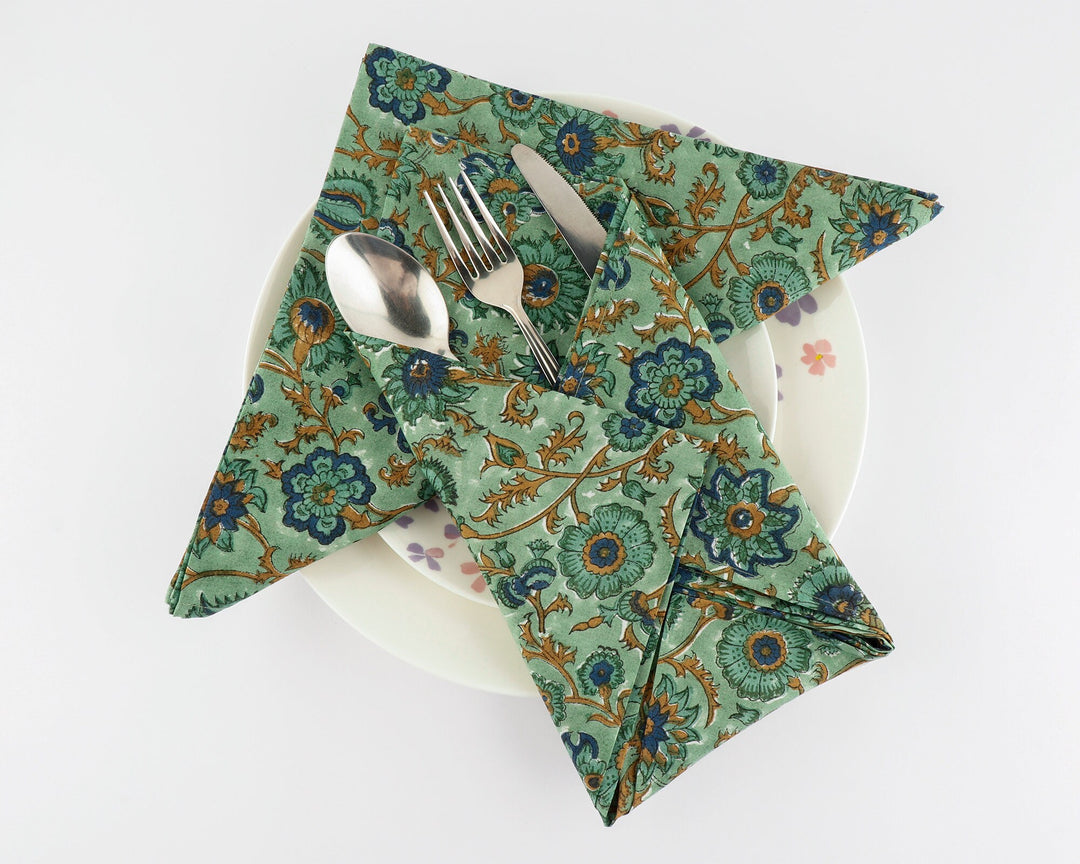 Fabricrush Sage Green, Yale Blue, Peanut Brown Indian Floral Hand Block Printed Cotton Cloth Napkins, 18x18"- Cocktail Napkins, 20x20"- Dinner Napkins