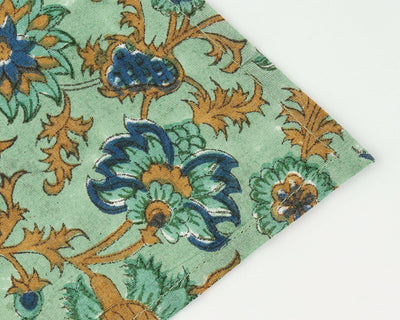 Fabricrush Sage Green, Yale Blue, Peanut Brown Indian Floral Hand Block Printed Cotton Cloth Napkins, 18x18"- Cocktail Napkins, 20x20"- Dinner Napkins