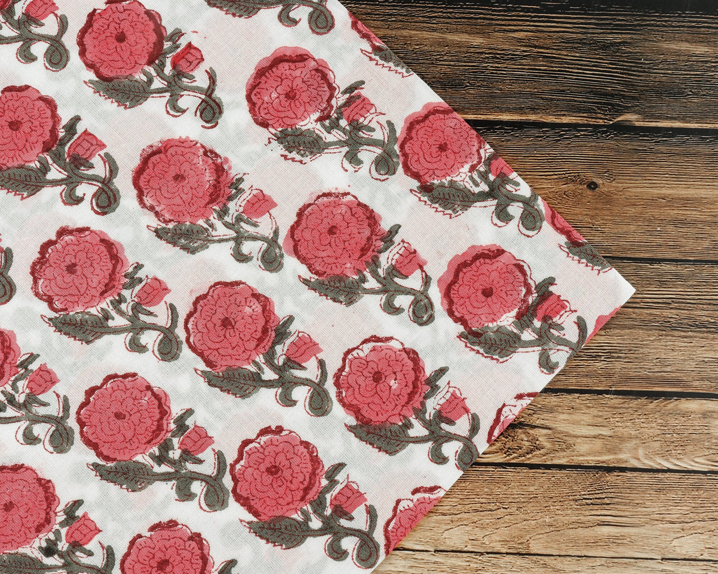 Raspberry Red, Army Green Indian Floral Hand Block Printed 100% Pure Cotton Cloth Napkins, 18x18"- Cocktail Napkin, 20x20"- Dinner Napkins