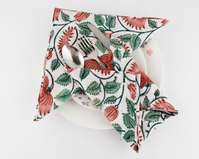 Light Coral and Light Russian Green Indian Floral Hand Block Printed Cotton Cloth Napkins, 18x18"- Cocktail Napkins, 20x20"- Dinner Napkins