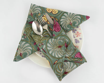 Stone Blue, Banana Yellow, Pink India Floral Hand Block Floral Print Pure Cotton Cloth Napkin, 18x18"- Cocktail Napkins 20x20"- Dinner napkins