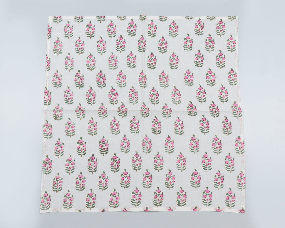 Punch Pink, Uniform Green Indian Floral Hand Block Printed Pure Cotton Cloth Napkins