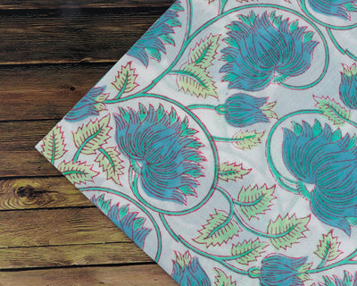 Cornflower Blue, Russian Green Indian Floral Hand Block Printed Pure Cotton Cloth Napkins, 18x18"-Cocktail Napkins, 20x20"- Dinner Napkins