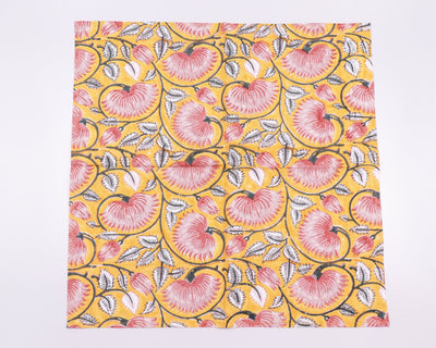 Fire Yellow, Lemonade Pink Indian Floral Hand Block Printed 100% Pure Cotton Cloth Napkins, 18x18"- Cocktail Napkins, 20x20"-  Dinner Napkins