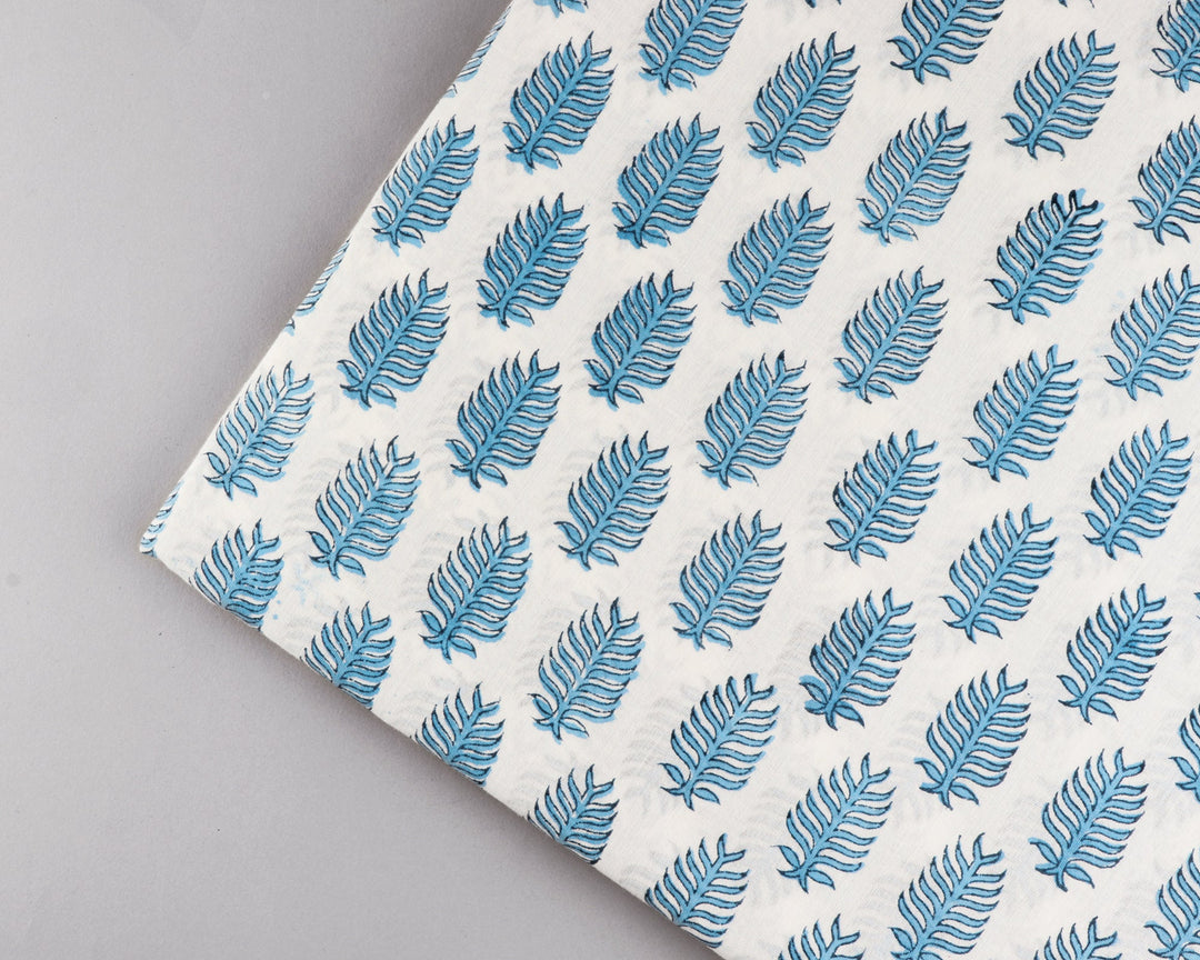Cerulean Blue Leaf Hand-Block Printed Cotton Cloth