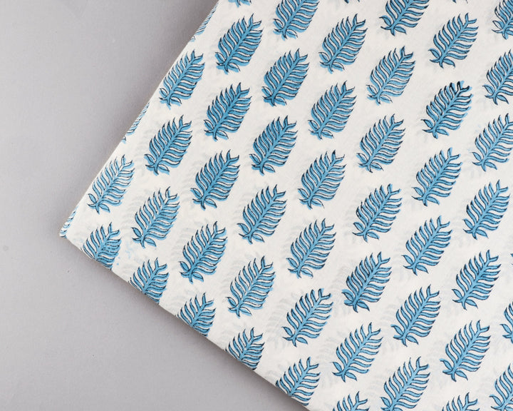 Cerulean Blue Leaf Hand-Block Printed Cotton Cloth