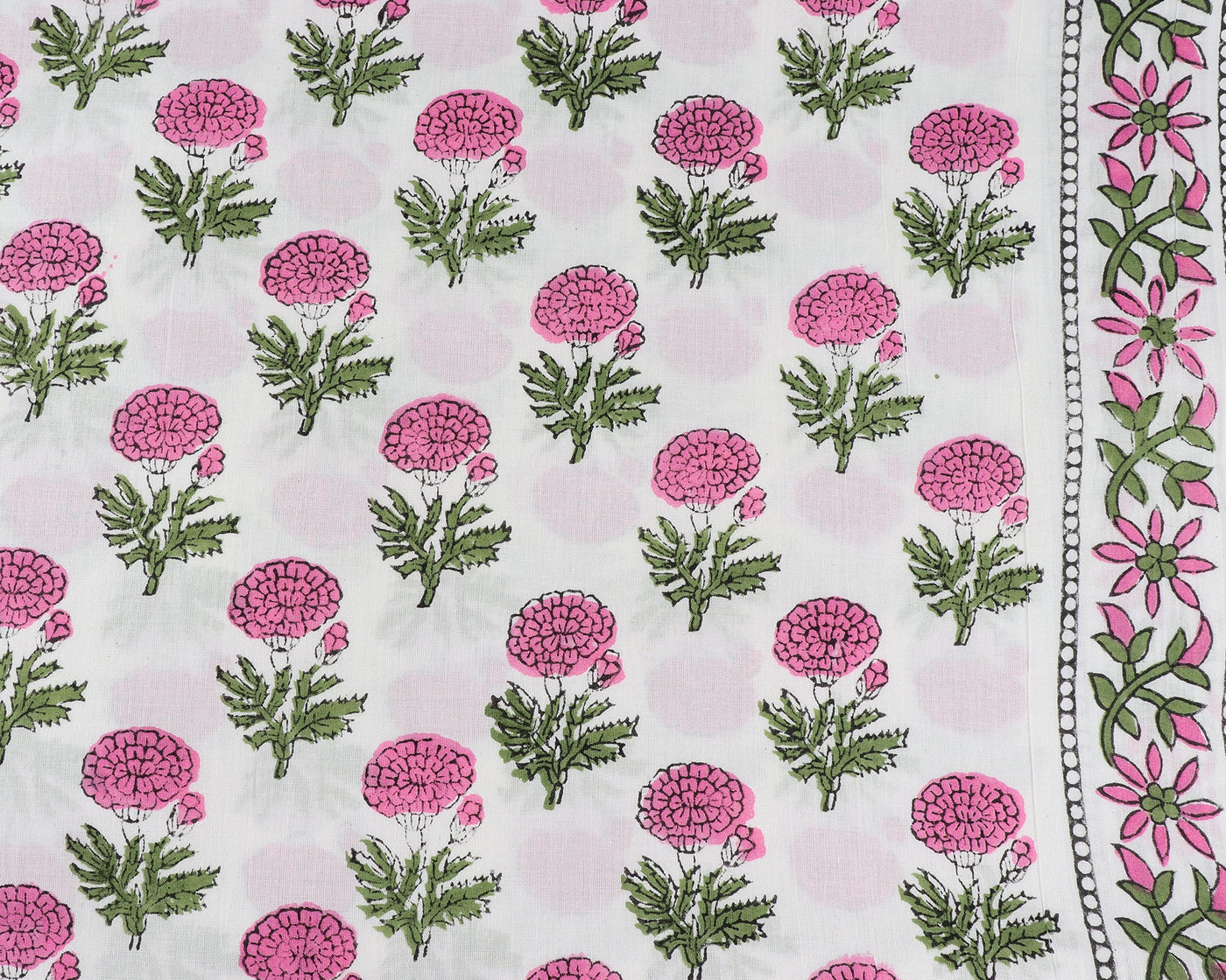 Thulian Pink, Fern Green Indian Floral Hand Block Printed 100% Pure Cotton Cloth, Fabric by the Yard, Women's Clothing Curtains Duvet Covers