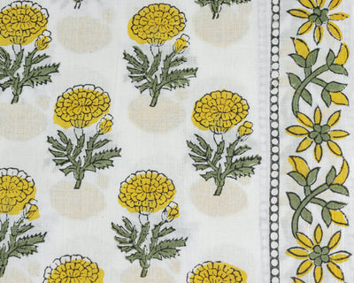 Fabricrush Bumblebee Yellow, Marigold Flower Indian Floral Hand Block Print 100% Pure Cotton Cloth, Fabric by the yard, Women's clothing Wedding Decor
