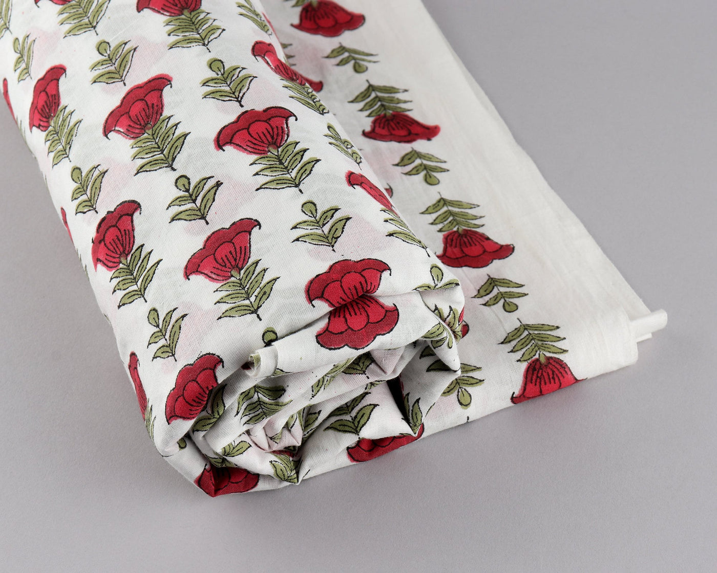 Fabricrush Apple and Cherry Red, Olive Green Indian Floral Hand Block Printed Pure Cotton Cloth, Fabric by the Yard, Women's Clothing Curtains Pillows