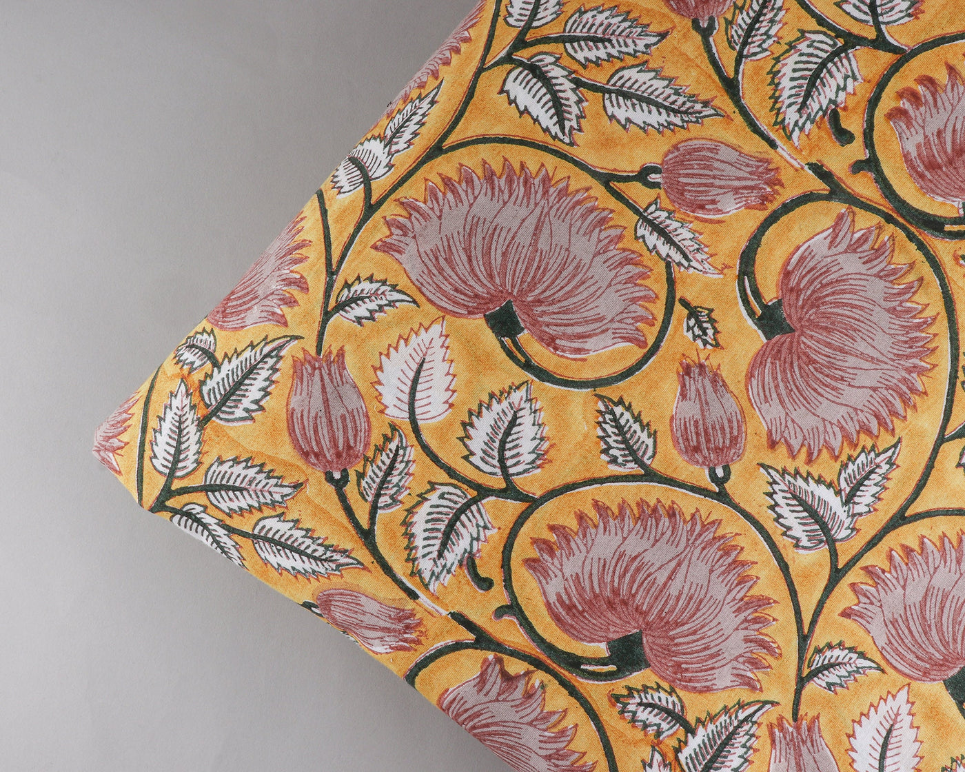 Fire Yellow and Lemonade Pink Indian Floral Hand Block Printed 100% Pure Cotton Cloth, Fabric by the yard, Women's Clothing Curtains Dresses