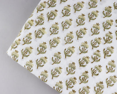 Pale Goldenrod Yellow and Iguana Green Indian Floral Hand Block Printed 100% Pure Cotton Cloth, Fabric by the yard, Curtain Pillow Cover Bag