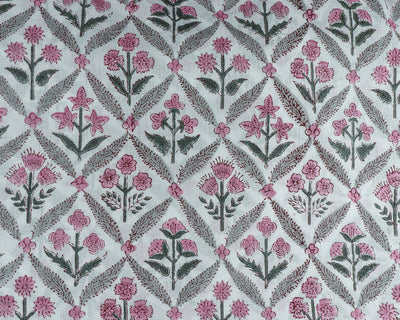 Watermelon Pink, Artichoke and Seaweed Green Indian Floral Hand Block Printed 100% Pure Cotton Cloth, Fabric by the yard, Curtains, Pillows