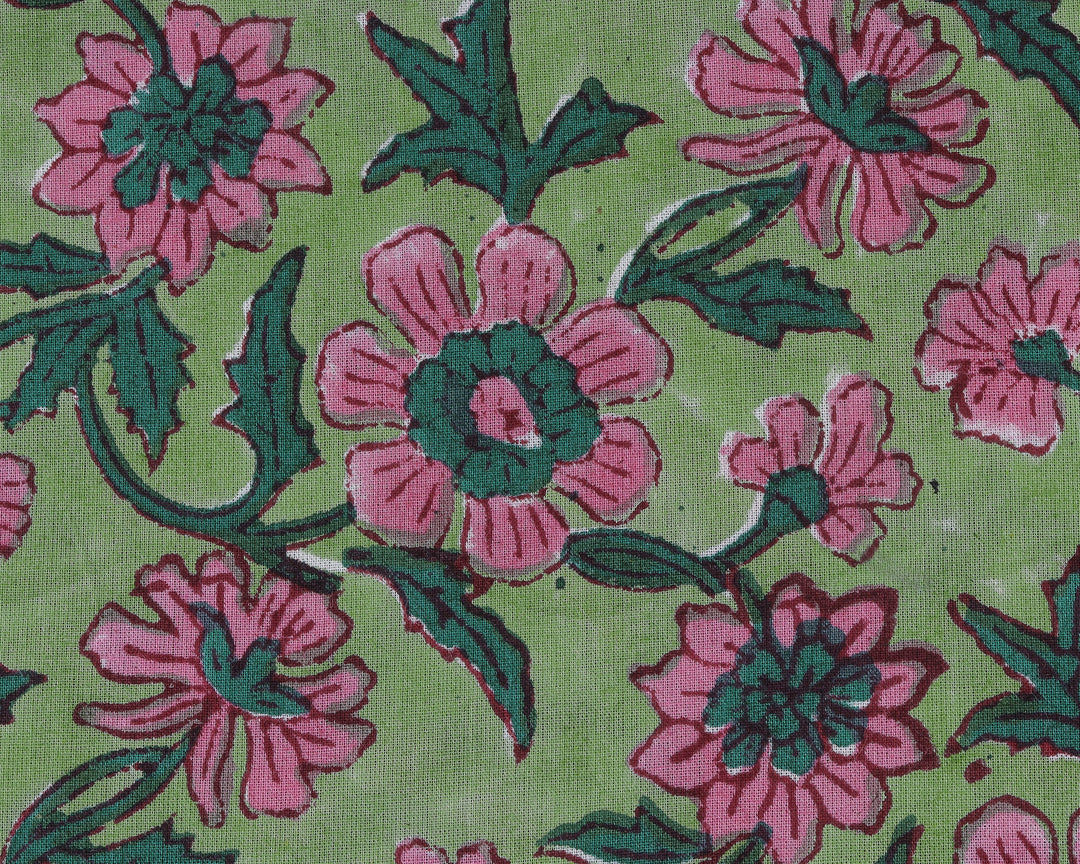 Fabricrush Mint and Pine Green, Salmon Pink Indian Floral Hand Block Printed 100% Pure Cotton Cloth, Fabric by the yard, Women's Clothing Curtains Bags, Valentine's day, Spring, Easter