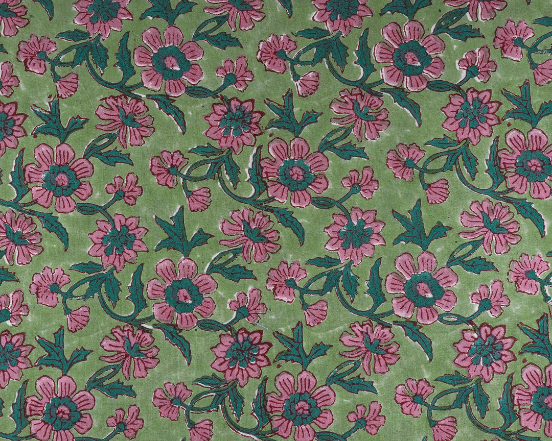 Fabricrush Mint and Pine Green, Salmon Pink Indian Floral Hand Block Printed 100% Pure Cotton Cloth, Fabric by the yard, Women's Clothing Curtains Bags, Valentine's day, Spring, Easter