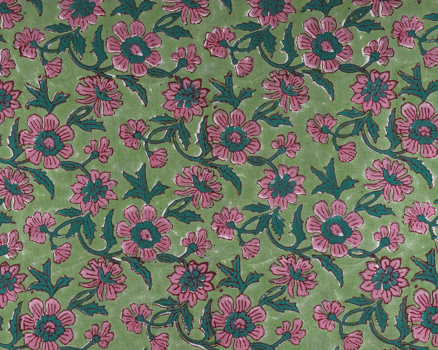 Mint and Pine Green, Salmon Pink Indian Floral Hand Block Printed 100% Pure Cotton Cloth, Fabric by the yard, Women's Clothing Curtains Bags