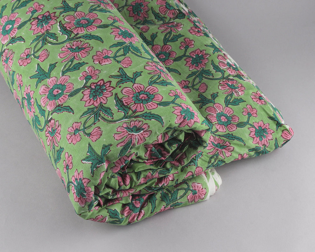 Fabricrush Mint and Pine Green, Salmon Pink Indian Floral Hand Block Printed 100% Pure Cotton Cloth, Fabric by the yard, Women's Clothing Curtains Bags, Valentine's day, Spring, Easter