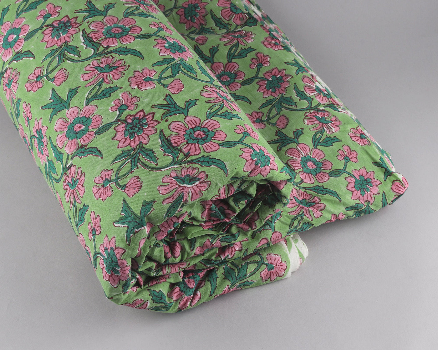 Mint and Pine Green, Salmon Pink Indian Floral Hand Block Printed 100% Pure Cotton Cloth, Fabric by the yard, Women's Clothing Curtains Bags