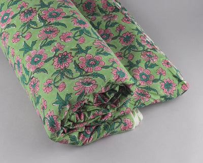Fabricrush Mint and Pine Green, Salmon Pink Indian Floral Hand Block Printed 100% Pure Cotton Cloth, Fabric by the yard, Women's Clothing Curtains Bags
