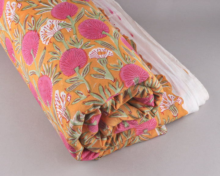 Tangerine Orange and Bubblegum Pink Hand-Block Printed Cotton Cloth
