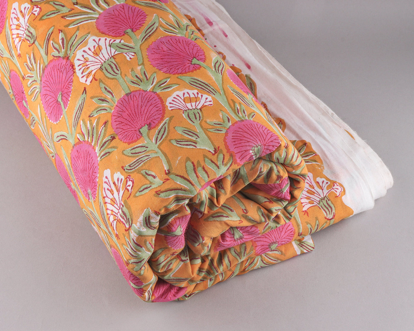 Tangerine Orange and Bubblegum Pink Indian Hand Block Printed 100% Pure Cotton Cloth, Fabric by the yard, Women's Clothing Curtains Pillows