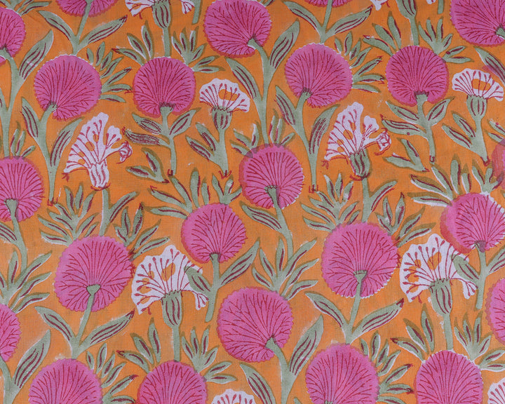 Tangerine Orange and Bubblegum Pink Hand-Block Printed Cotton Cloth