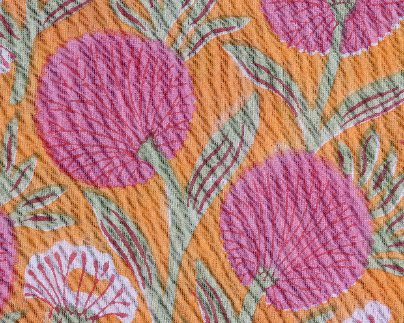 Tangerine Orange and Bubblegum Pink Indian Hand Block Printed 100% Pure Cotton Cloth, Fabric by the yard, Women's Clothing Curtains Pillows