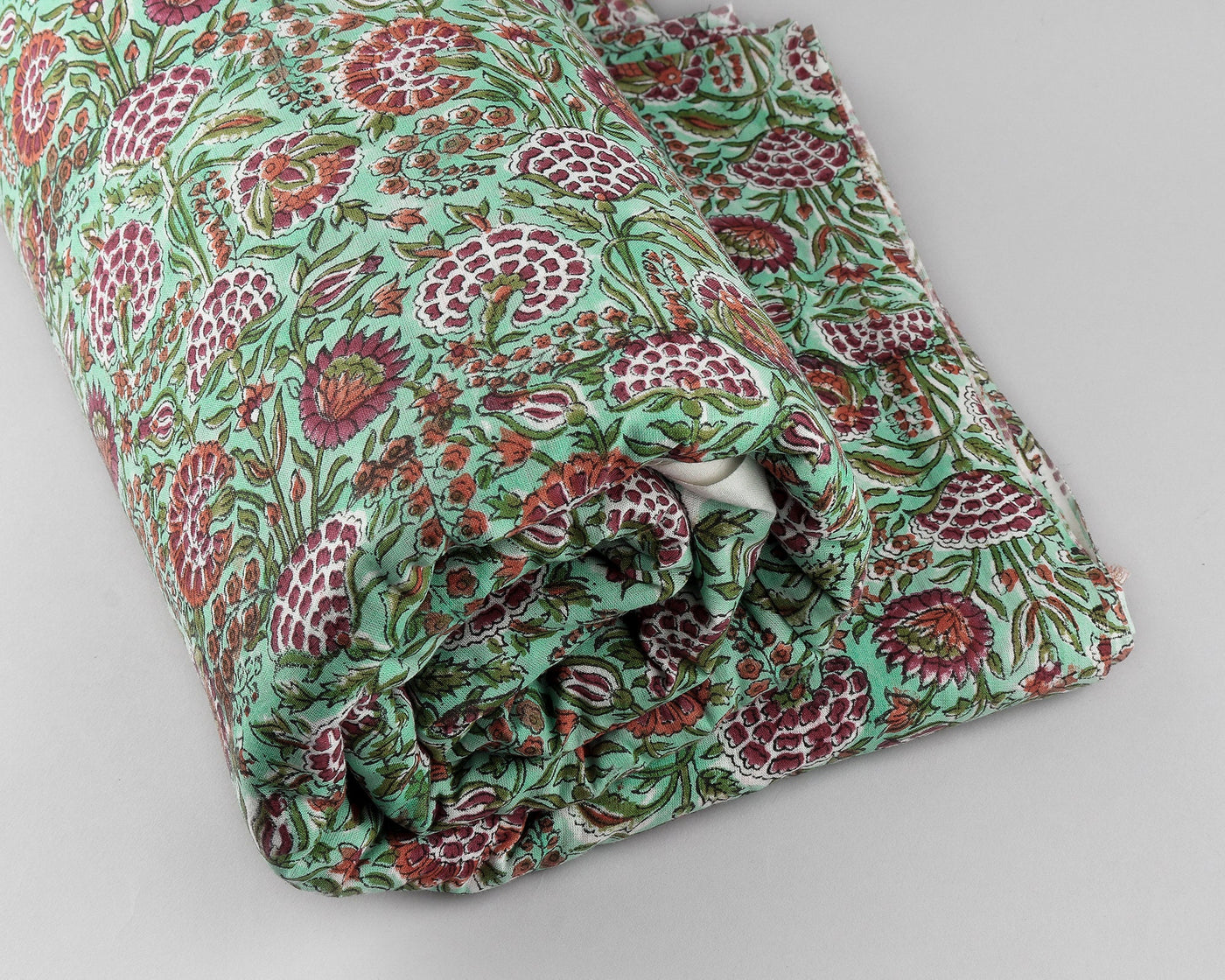 Pastel Mint Green, Dark Cherry, Vermillion Red Indian Hand Block Printed 100% Pure Cotton Cloth, Fabric by the yard, Womens clothing Curtain