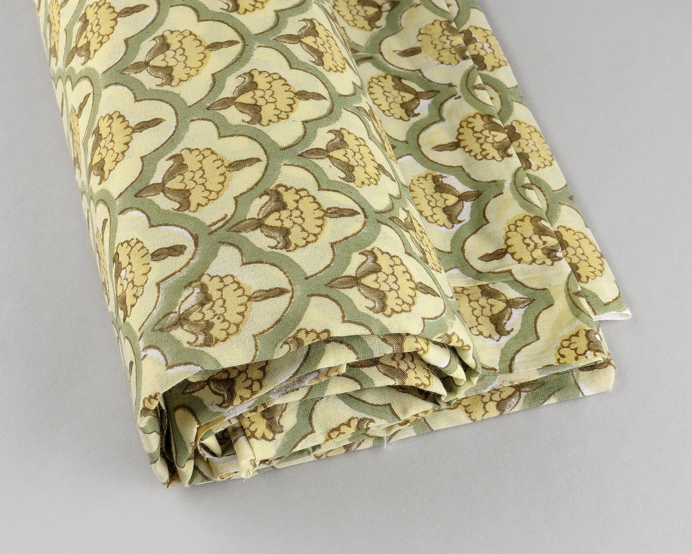Pale Goldenrod and Iguana Green Indian Floral Hand Block Printed 100% Pure Cotton Cloth, Fabric by the yard, Women's Clothing Curtains Bags