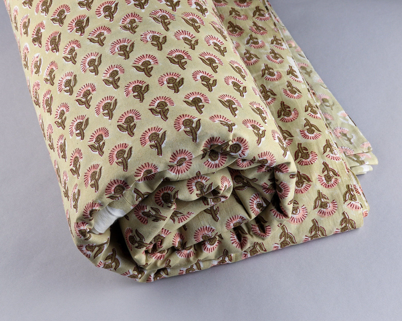 Light Moss Green, Coral Pink Indian Floral Hand Block Printed 100% Pure Cotton cloth, Fabric by the yard, Women's Clothing Curtains Pillows