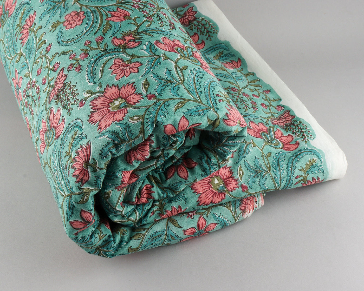 Turquoise Green, Light Coral Indian Floral Hand Block Printed 100% Pure Cotton Cloth, Fabric by the yard, Womens clothing Curtains Pillows