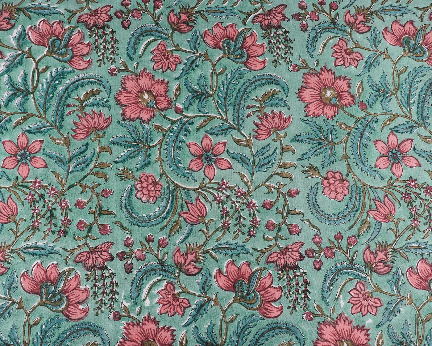 Turquoise Green, Light Coral Indian Floral Hand Block Printed 100% Pure Cotton Cloth, Fabric by the yard, Womens clothing Curtains Pillows