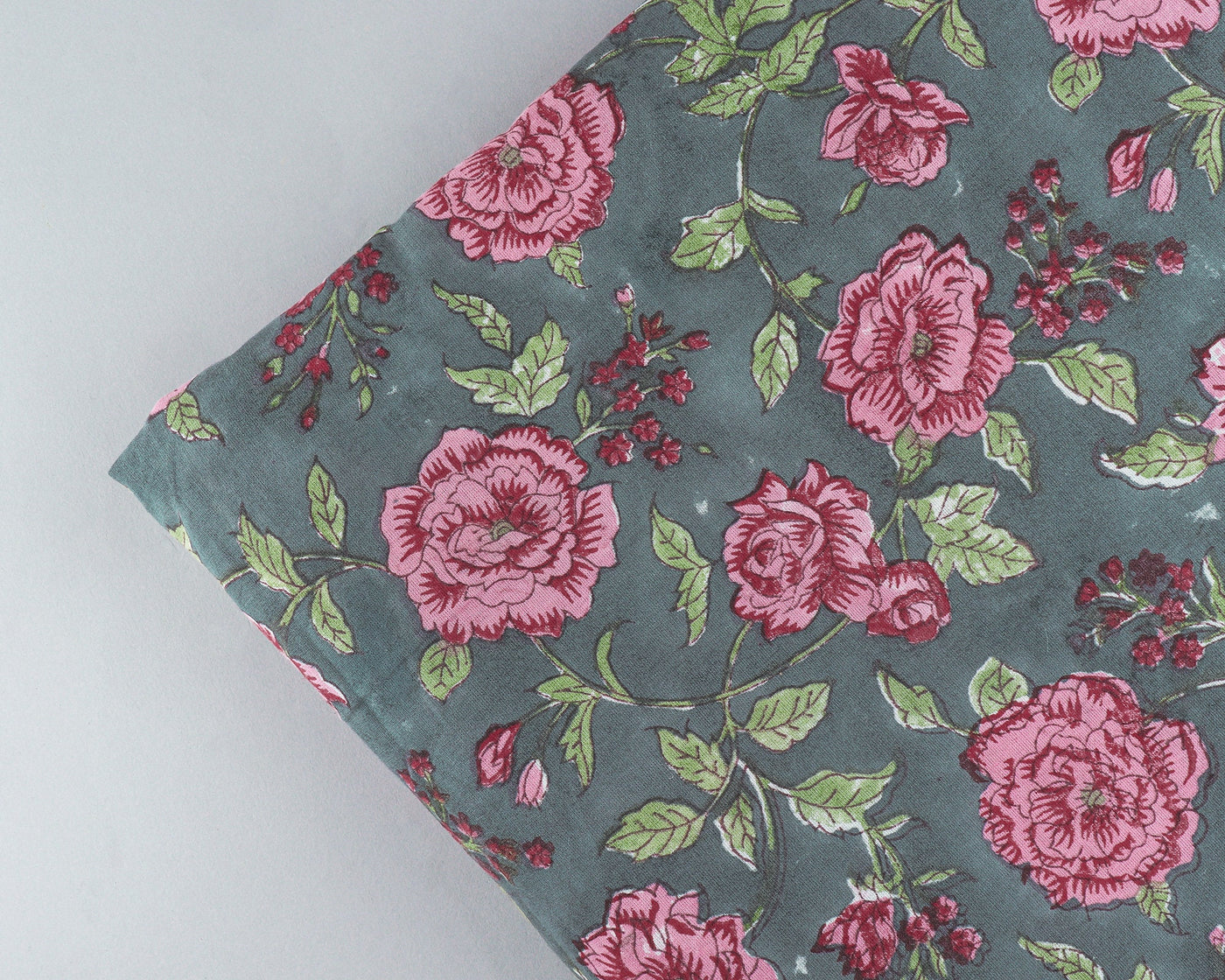 Mink Gray, Brick Pink, Pear Green Indian Floral Hand Block Printed 100% Pure Cotton Cloth, Fabric by the yard, Women's Clothing Curtains Bag