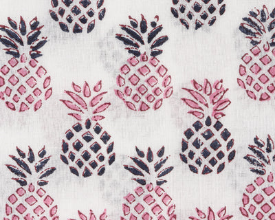 Pink and Blue Indian Hand Block Pineapple Print on White 100% Pure Cotton Cloth, Fabric by the yard, Bags Dresses Curtains Pillows Cushions
