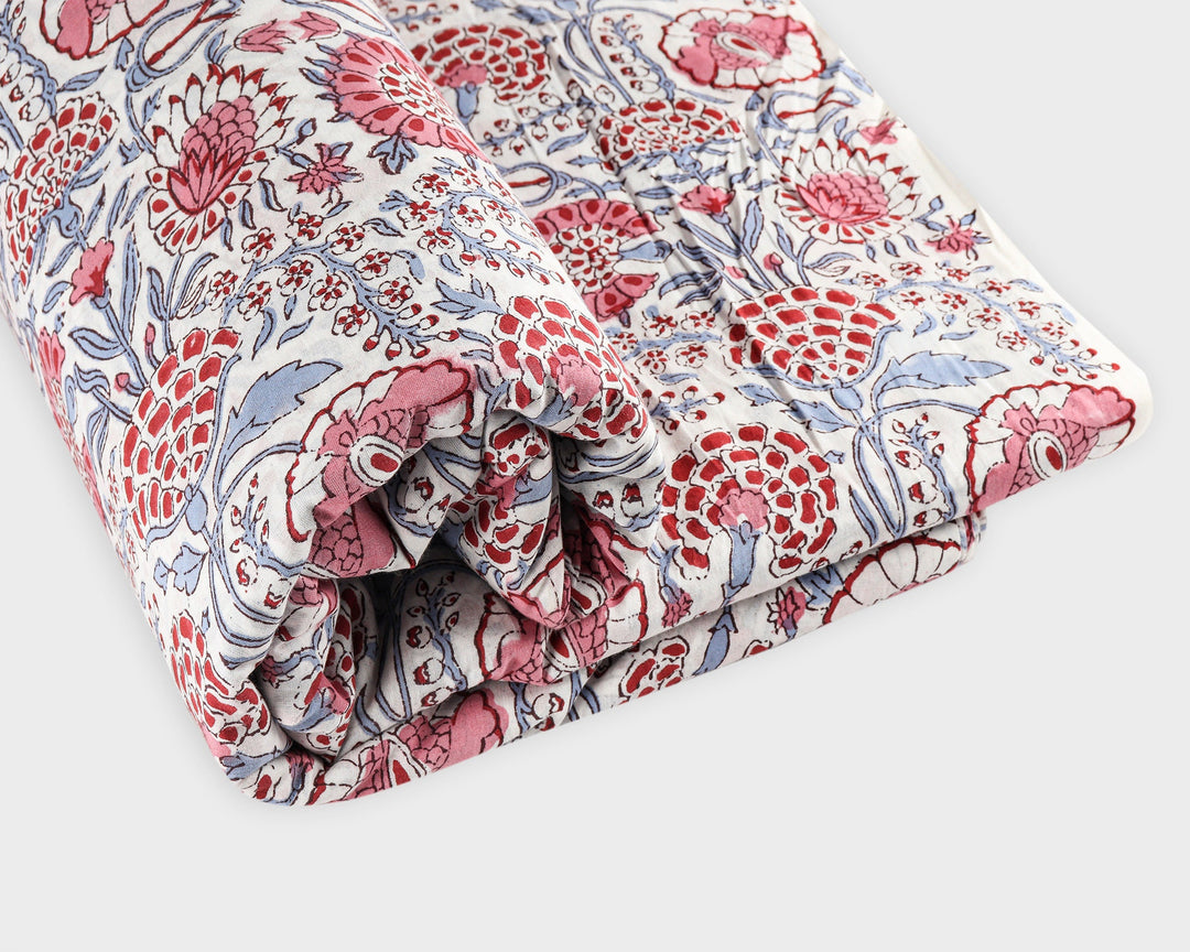 Pigeon Blue, Flamingo Pink Hand-Block Printed Cotton Cloth