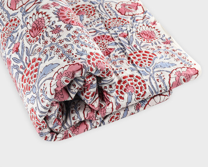 Pigeon Blue, Flamingo Pink Hand-Block Printed Cotton Cloth