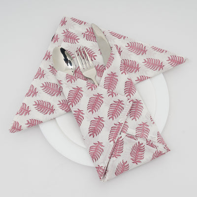 Taffy Pink and White Indian Hand Block Leaf Printed Pure Cotton Cloth Biodegradable Napkins, 18x18"- Cocktail Napkins, 20x20"- Dinner Napkins