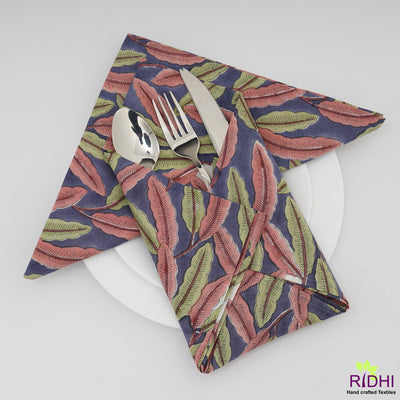 Fabricrush Space Blue, Russian Green, Thulian Pink Indian Hand Block Printed Cotton Cloth Napkins, Gift, 18x18"- Cocktail Napkins, 20x20"- Dinner Napkins