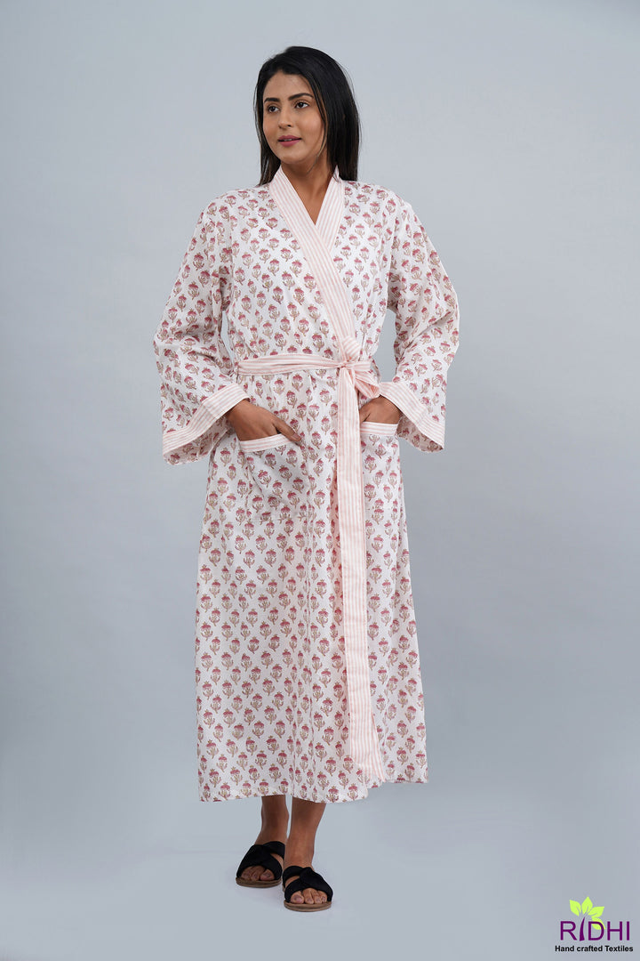 Fabricrush Salmon Pink Kimono, Beach Wear Tunic, Kaftan, Cotton Long Kaftan, Bikini Cover Up, Ethnic Kimono, Robe, Beach Cover Up, Plus Size Night Gown