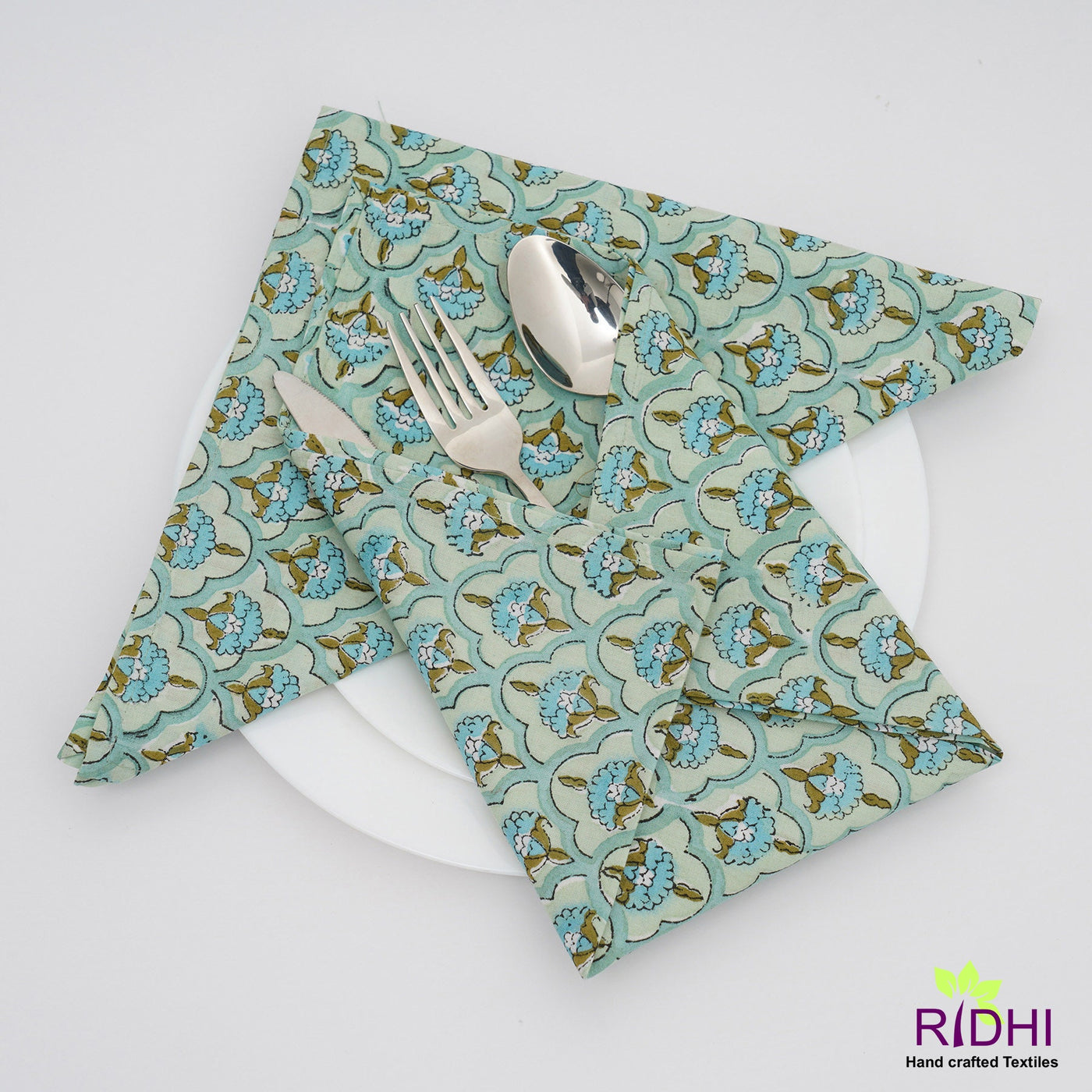 Sage and Fern Green, Sapphire Blue Indian Hand Block Floral Printed Pure Cotton Cloth Napkins, 18x18"-Cocktail Napkins, 20x20"- Dinner Napkins