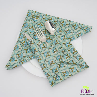 Fabricrush Sage and Fern Green, Sapphire Blue Indian Hand Block Floral Printed Pure Cotton Cloth Napkins, 18x18"-Cocktail Napkins, 20x20"- Dinner Napkins