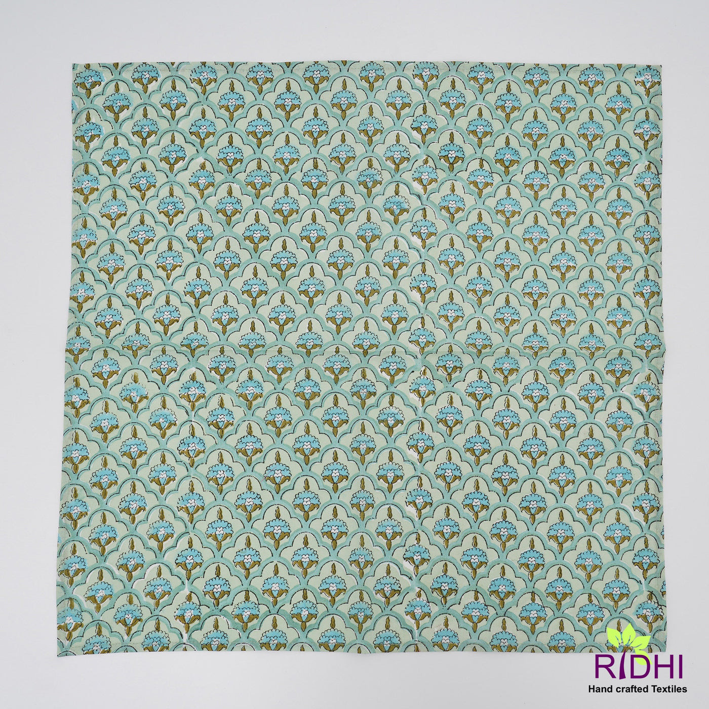 Fabricrush Sage and Fern Green, Sapphire Blue Indian Hand Block Floral Printed Pure Cotton Cloth Napkins, 18x18"-Cocktail Napkins, 20x20"- Dinner Napkins