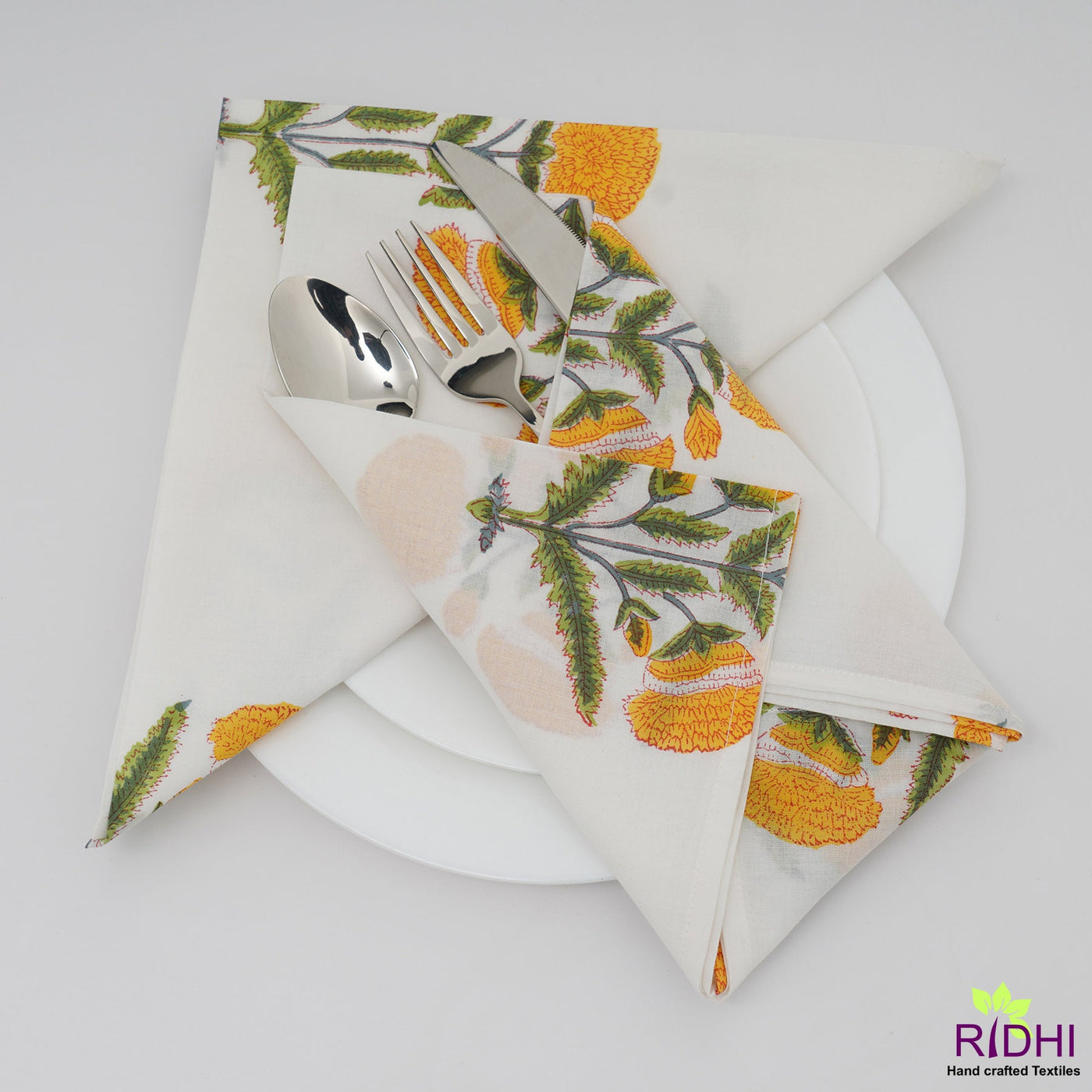 Merigold and Canary Yellow, Kelly and Hunter Green Indian Block Printed Cotton Cloth Napkins, 18x18"-Cocktail Napkin, 20x20"- Dinner Napkins